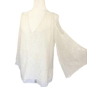 Lavender Brown 100% Silk Fairycore Lace Open Shoulder Bell Sleeve Blouse Top L